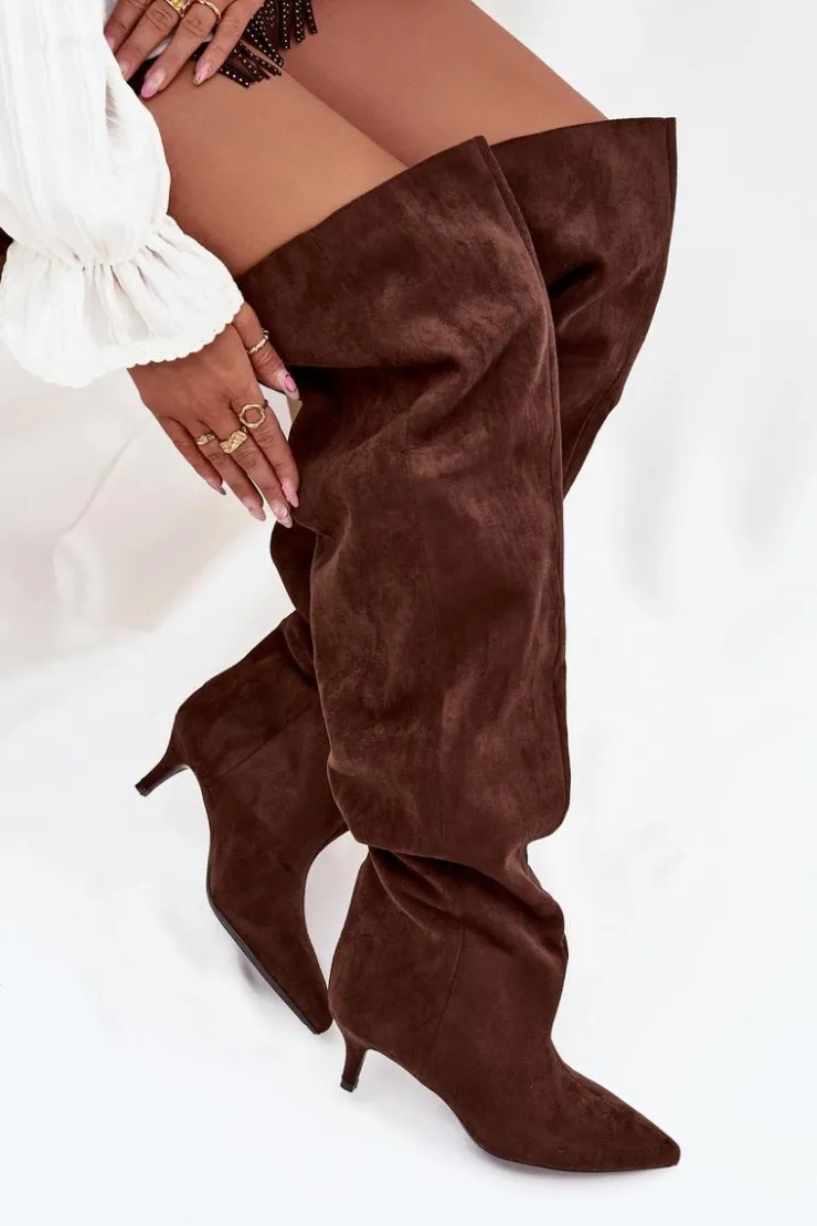 Clearance Boto Wsuwane Kozaki Damskie Na Szpilce Czekoladowe Ysolienne Brązowy