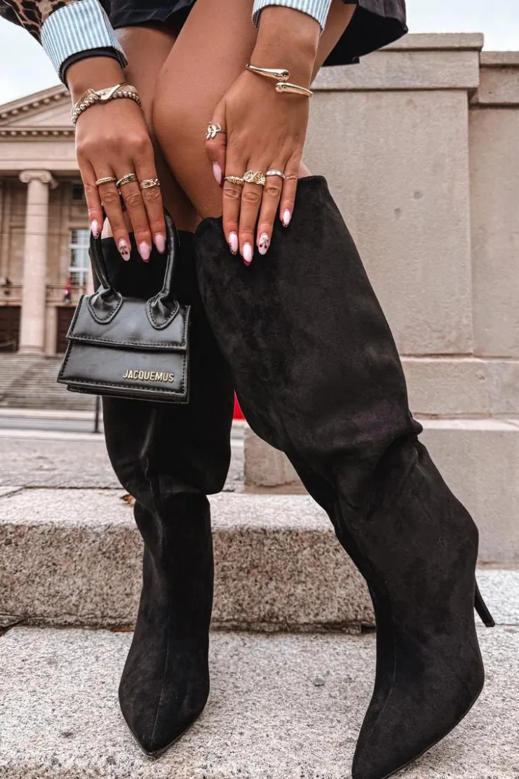 Damskie Boto Wsuwane Kozaki Damskie Na Szpilce Z Eko Zamszu Czarne Noretta