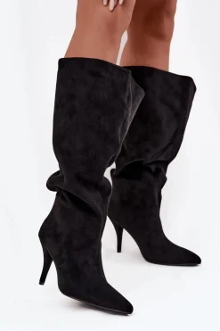 Damskie Boto Wsuwane Kozaki Damskie Na Szpilce Z Eko Zamszu Czarne Noretta