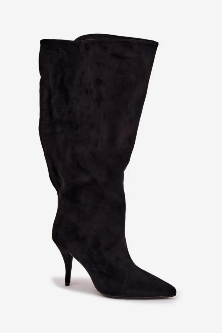 Damskie Boto Wsuwane Kozaki Damskie Na Szpilce Z Eko Zamszu Czarne Noretta