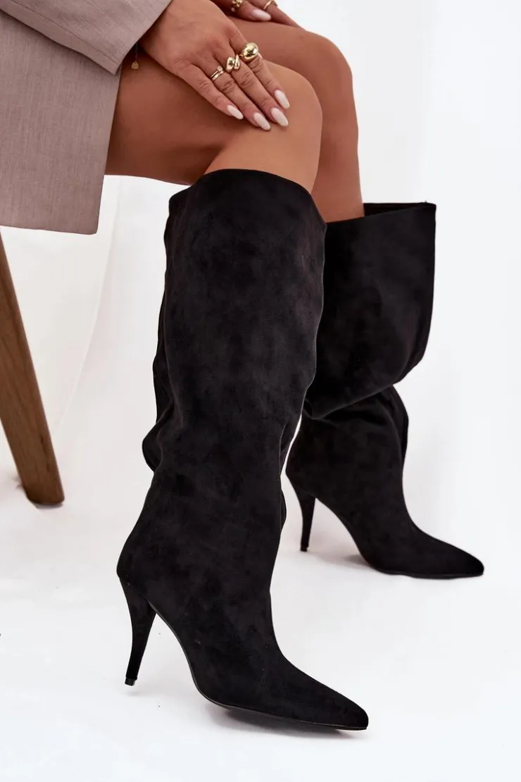 Damskie Boto Wsuwane Kozaki Damskie Na Szpilce Z Eko Zamszu Czarne Noretta