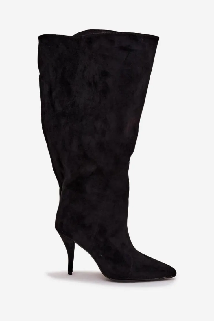 Damskie Boto Wsuwane Kozaki Damskie Na Szpilce Z Eko Zamszu Czarne Noretta