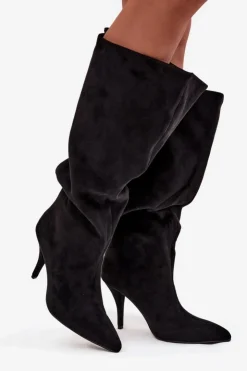 Damskie Boto Wsuwane Kozaki Damskie Na Szpilce Z Eko Zamszu Czarne Noretta