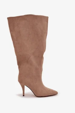 New Boto Wsuwane Kozaki Damskie Na Szpilce Z Eko Zamszu Beżowe Noretta Beżowy