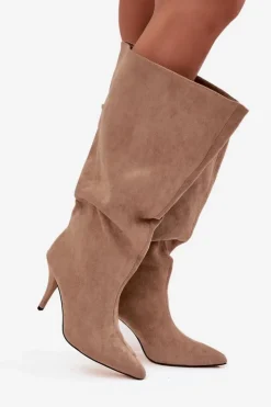 New Boto Wsuwane Kozaki Damskie Na Szpilce Z Eko Zamszu Beżowe Noretta Beżowy