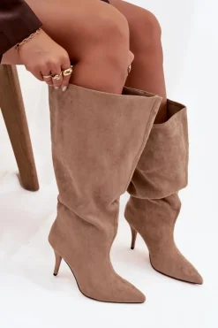 New Boto Wsuwane Kozaki Damskie Na Szpilce Z Eko Zamszu Beżowe Noretta Beżowy