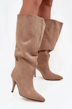 New Boto Wsuwane Kozaki Damskie Na Szpilce Z Eko Zamszu Beżowe Noretta Beżowy