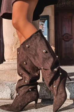 Hot Boto Wsuwane Kozaki Damskie Na Szpilce Ze Złotymi Ozdobami Czekoladowe Thaliane Brązowy