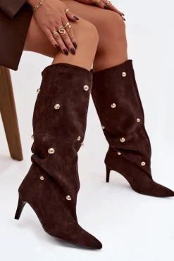 Hot Boto Wsuwane Kozaki Damskie Na Szpilce Ze Złotymi Ozdobami Czekoladowe Thaliane Brązowy