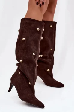 Hot Boto Wsuwane Kozaki Damskie Na Szpilce Ze Złotymi Ozdobami Czekoladowe Thaliane Brązowy