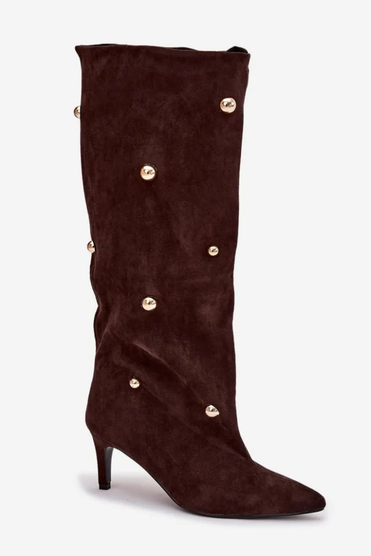 Hot Boto Wsuwane Kozaki Damskie Na Szpilce Ze Złotymi Ozdobami Czekoladowe Thaliane Brązowy