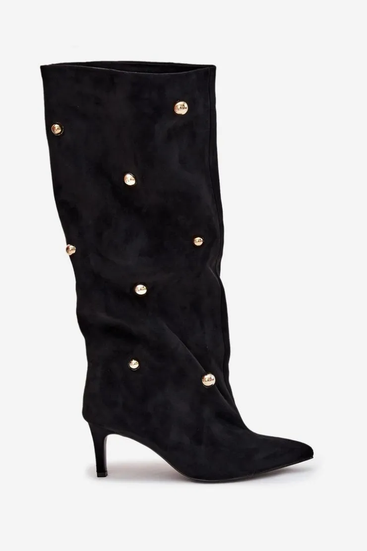 Online Boto Wsuwane Kozaki Damskie Na Szpilce Ze Złotymi Ozdobami Czarne Thaliane