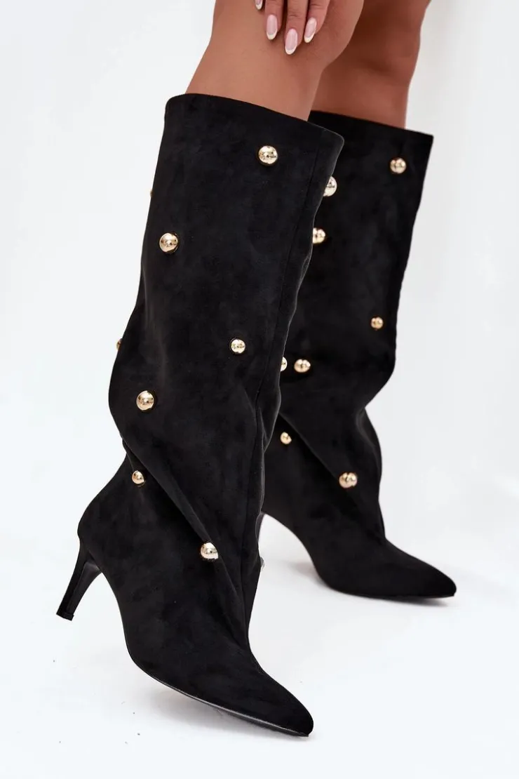 Online Boto Wsuwane Kozaki Damskie Na Szpilce Ze Złotymi Ozdobami Czarne Thaliane