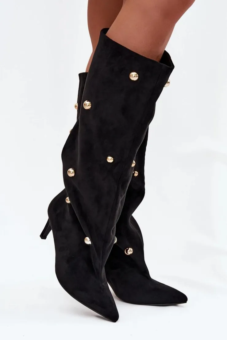 Online Boto Wsuwane Kozaki Damskie Na Szpilce Ze Złotymi Ozdobami Czarne Thaliane