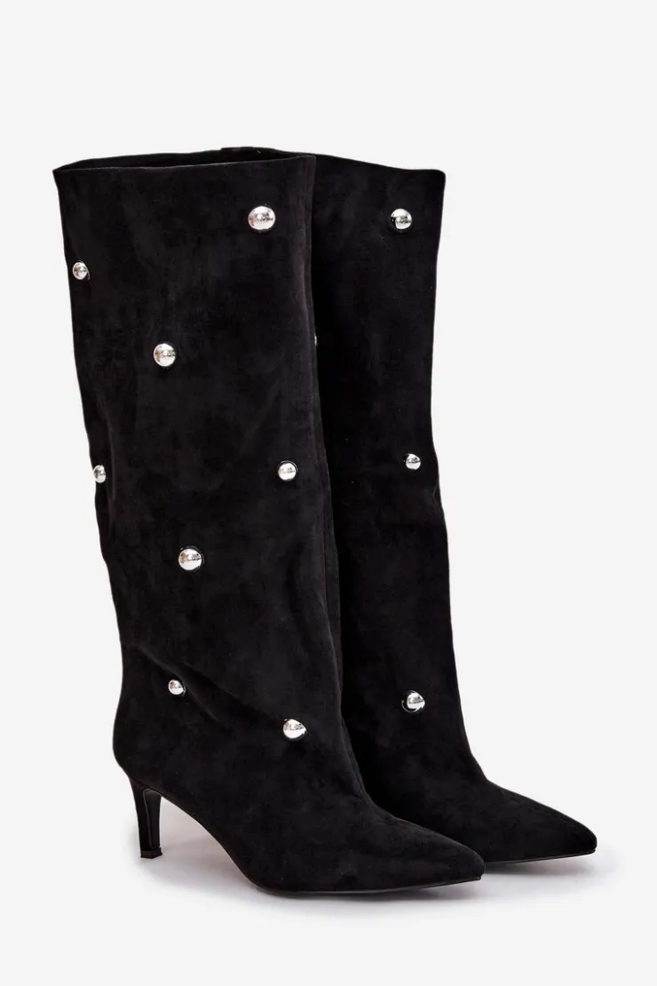 Damskie Boto Wsuwane Kozaki Damskie Na Szpilce Ze Srebrnymi Ozdobami Czarne Thaliane
