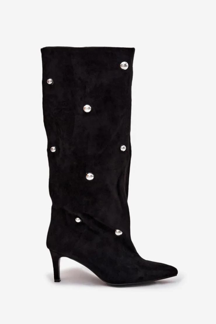 Damskie Boto Wsuwane Kozaki Damskie Na Szpilce Ze Srebrnymi Ozdobami Czarne Thaliane