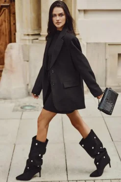 Damskie Boto Wsuwane Kozaki Damskie Na Szpilce Ze Srebrnymi Ozdobami Czarne Thaliane