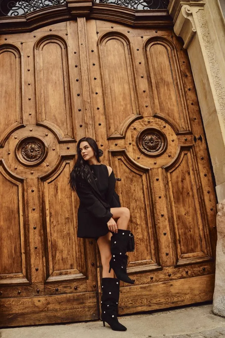 Damskie Boto Wsuwane Kozaki Damskie Na Szpilce Ze Srebrnymi Ozdobami Czarne Thaliane