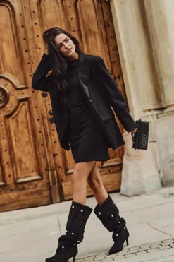 Damskie Boto Wsuwane Kozaki Damskie Na Szpilce Ze Srebrnymi Ozdobami Czarne Thaliane