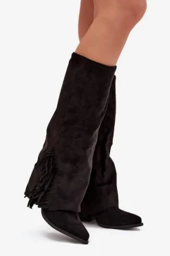 Damskie Boto Wsuwane Kozaki Kowbojki Damskie Na Słupku Z Frędzlami Czarne Zalia