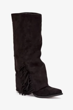 Damskie Boto Wsuwane Kozaki Kowbojki Damskie Na Słupku Z Frędzlami Czarne Zalia