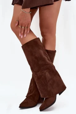 Boto Kozaki Ocieplane|Kozaki Na Słupku*Wsuwane Kozaki Kowbojki Damskie Na Słupku Z Frędzlami Brązowe Zalia Brązowy