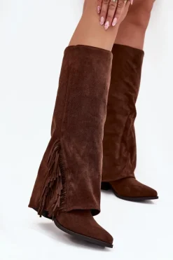 Boto Kozaki Ocieplane|Kozaki Na Słupku*Wsuwane Kozaki Kowbojki Damskie Na Słupku Z Frędzlami Brązowe Zalia Brązowy