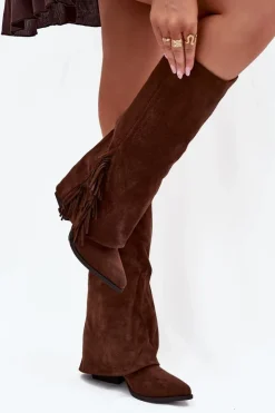 Boto Kozaki Ocieplane|Kozaki Na Słupku*Wsuwane Kozaki Kowbojki Damskie Na Słupku Z Frędzlami Brązowe Zalia Brązowy