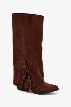 Boto Kozaki Ocieplane|Kozaki Na Słupku*Wsuwane Kozaki Kowbojki Damskie Na Słupku Z Frędzlami Brązowe Zalia Brązowy
