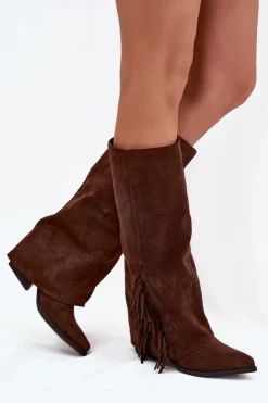 Boto Kozaki Ocieplane|Kozaki Na Słupku*Wsuwane Kozaki Kowbojki Damskie Na Słupku Z Frędzlami Brązowe Zalia Brązowy