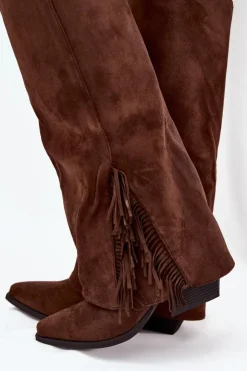 Boto Kozaki Ocieplane|Kozaki Na Słupku*Wsuwane Kozaki Kowbojki Damskie Na Słupku Z Frędzlami Brązowe Zalia Brązowy