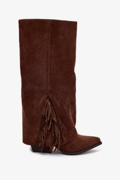 Boto Kozaki Ocieplane|Kozaki Na Słupku*Wsuwane Kozaki Kowbojki Damskie Na Słupku Z Frędzlami Brązowe Zalia Brązowy