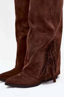 Boto Kozaki Ocieplane|Kozaki Na Słupku*Wsuwane Kozaki Kowbojki Damskie Na Słupku Z Frędzlami Brązowe Zalia Brązowy
