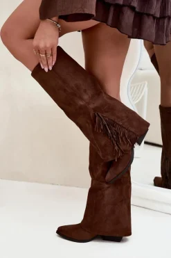Boto Kozaki Ocieplane|Kozaki Na Słupku*Wsuwane Kozaki Kowbojki Damskie Na Słupku Z Frędzlami Brązowe Zalia Brązowy