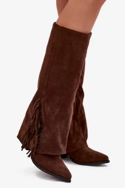 Boto Kozaki Ocieplane|Kozaki Na Słupku*Wsuwane Kozaki Kowbojki Damskie Na Słupku Z Frędzlami Brązowe Zalia Brązowy