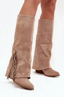 Boto Wsuwane Kozaki Kowbojki Damskie Na Słupku Z Frędzlami Beżowe Zalia Beżowy