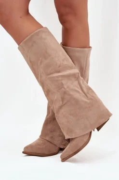 Boto Wsuwane Kozaki Kowbojki Damskie Na Słupku Z Frędzlami Beżowe Zalia Beżowy