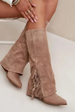 Boto Wsuwane Kozaki Kowbojki Damskie Na Słupku Z Frędzlami Beżowe Zalia Beżowy