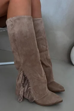 Boto Wsuwane Kozaki Kowbojki Damskie Na Słupku Z Frędzlami Beżowe Zalia Beżowy