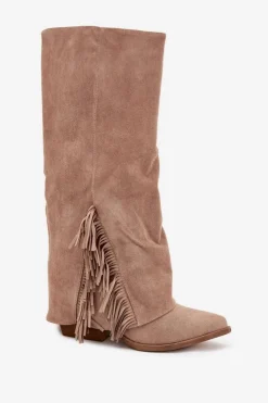 Boto Wsuwane Kozaki Kowbojki Damskie Na Słupku Z Frędzlami Beżowe Zalia Beżowy