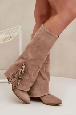 Boto Wsuwane Kozaki Kowbojki Damskie Na Słupku Z Frędzlami Beżowe Zalia Beżowy
