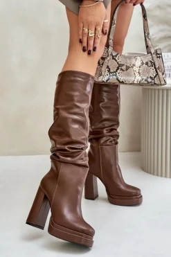 Boto Kozaki Ocieplane|Kozaki Na Słupku*Wsuwane Kozaki Na Słupku I Platformie Z Marszczeniem Ocieplane Brązowe Beridra Brązowy