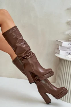 Boto Kozaki Ocieplane|Kozaki Na Słupku*Wsuwane Kozaki Na Słupku I Platformie Z Marszczeniem Ocieplane Brązowe Beridra Brązowy