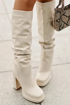 Damskie Boto Wsuwane Kozaki Na Słupku I Platformie Z Marszczeniem Ocieplane Jasnobeżowe Beridra