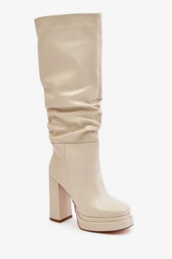Damskie Boto Wsuwane Kozaki Na Słupku I Platformie Z Marszczeniem Ocieplane Jasnobeżowe Beridra