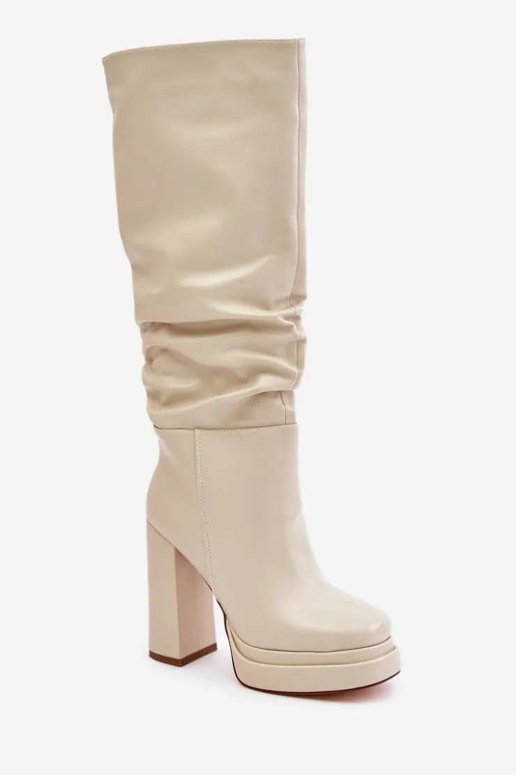Damskie Boto Wsuwane Kozaki Na Słupku I Platformie Z Marszczeniem Ocieplane Jasnobeżowe Beridra