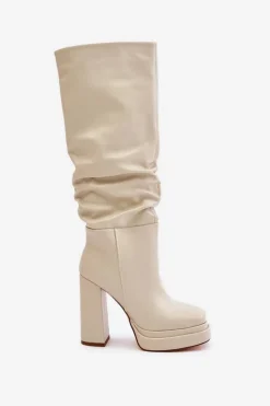 Damskie Boto Wsuwane Kozaki Na Słupku I Platformie Z Marszczeniem Ocieplane Jasnobeżowe Beridra