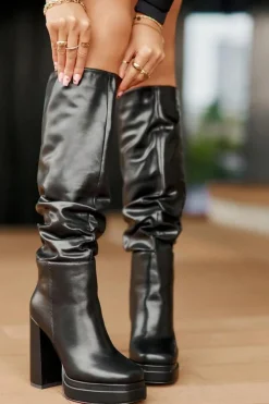 Best Boto Wsuwane Kozaki Na Słupku I Platformie Z Marszczeniem Ocieplane Czarne Beridra