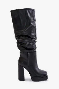 Best Boto Wsuwane Kozaki Na Słupku I Platformie Z Marszczeniem Ocieplane Czarne Beridra