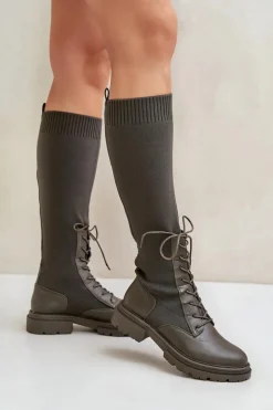 Damskie Boto Wsuwane Kozaki Ze Skarpetkową Cholewką Ciemnozielone Iranel